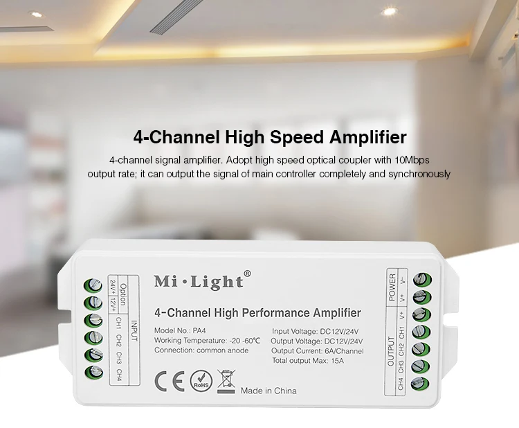 

Free shipping Mi Light PA4 DC12V-24V 4-Channel LED Signal Amplifier use PWM controller MAX15A Hight Performance for led lamp