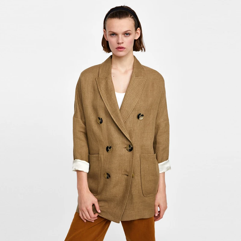 

Khaki long sleeve notched collar loose blazers for women ladies autumn vintage oversize OL formal drop shoulder outwear tops