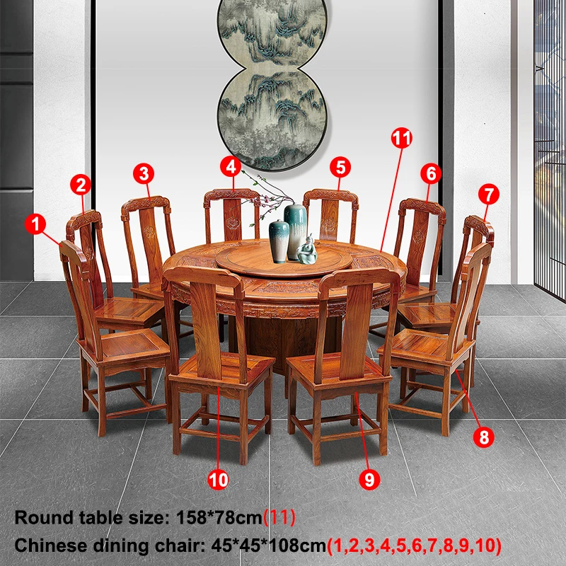 1.58M Hedgehog rosewood Round Table Set 10 Chair Solid Wood Armchair Desk Classic Red wooden Annatto Dining Room Furniture set