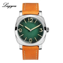 Reloj Automático Lugyou San Martin para hombre, correa de cuero con forma de almohada de acero inoxidable Vintage, burbuja Mineral resistente al agua de 200m