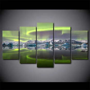 

HD printed 5 Piece Canvas Art Psychedelic Aurora Lake Ice Mountain painting Posters and Prints Home Decor Free Shipping