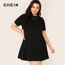 Шеин размера плюс черное свободное платье с коротким рукавом женское весеннее летнее однотонное Повседневное платье с круглым вырезом