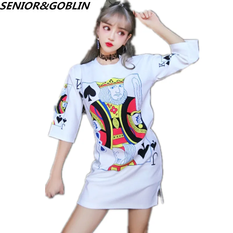 

2019 High Quality Fashion Designer Runway Dress Summer Women Sexy Slim Print Playing Cards Character Loose Casual Vintage Dress