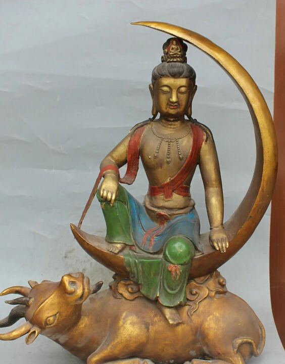 

Collectible bronze S1489 26" Chinese Bronze Painting Kwan-yin Guan Yin Goddess Ride Moon Bull Oxen Statue B0403