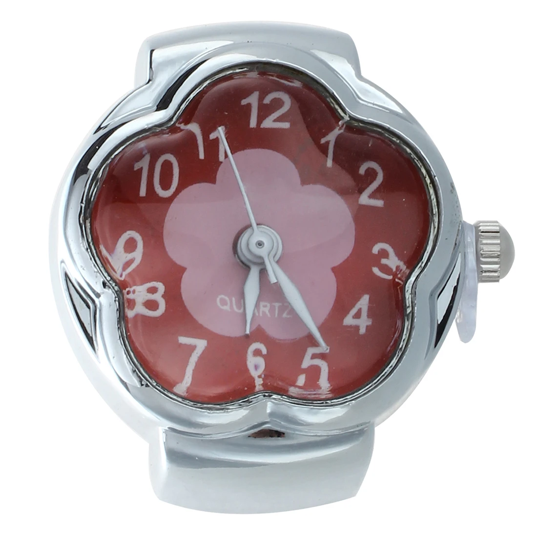 Alloy Quartz Ring Watch Silver Dial Red Flower Womenin Quartz Watches