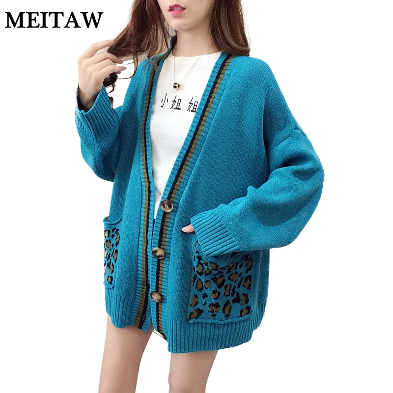 

2019 Women Autumn Sweater Single Buttons Print Sweater Casual Long Sleeve V-neck Knitting Cardigan Top Korean Loose Outwear