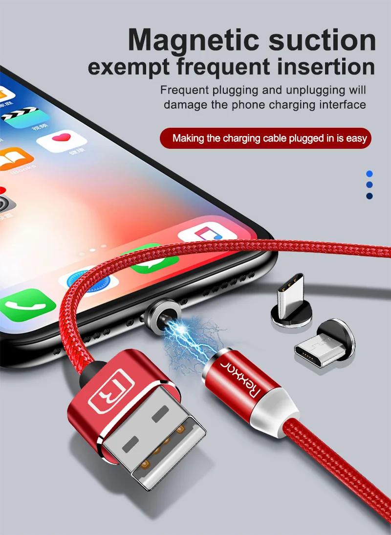 Rexxar 1 м Магнитный зарядный кабель Micro USB кабель для iPhone X 7 XR XS Max Magnet charger usb type C кабели светодиодный шнур для зарядки