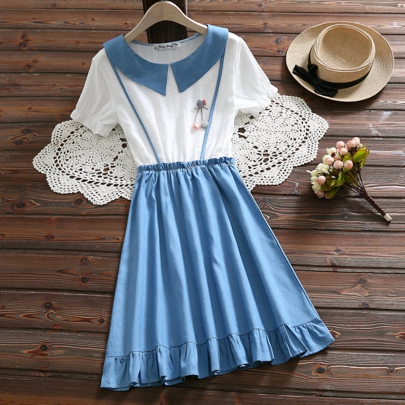 

Preppy Style Summer Women Cute Dress Peter Pan Collar Strap Cotton Girl's Dress Elegant Ruffles Kawaii Student's Sweet Dress