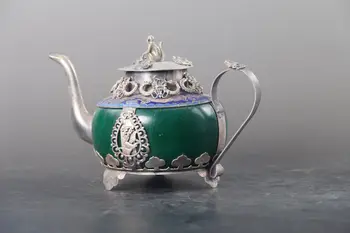 

Exquisite Chinese Hand Carved Tibetan Silver Inlay Green Jade Teapot Monkey Lid
