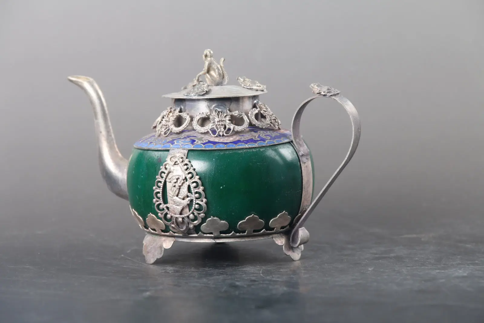 

Exquisite Chinese hand carved Tibetan silver inlay Green jade teapot monkey lid