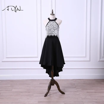 

ADLN Black and White High Low Party Dress Halter Lace Cocktail Dress Short Front Long Back Formal Gown 2019 Vestidos de Festa