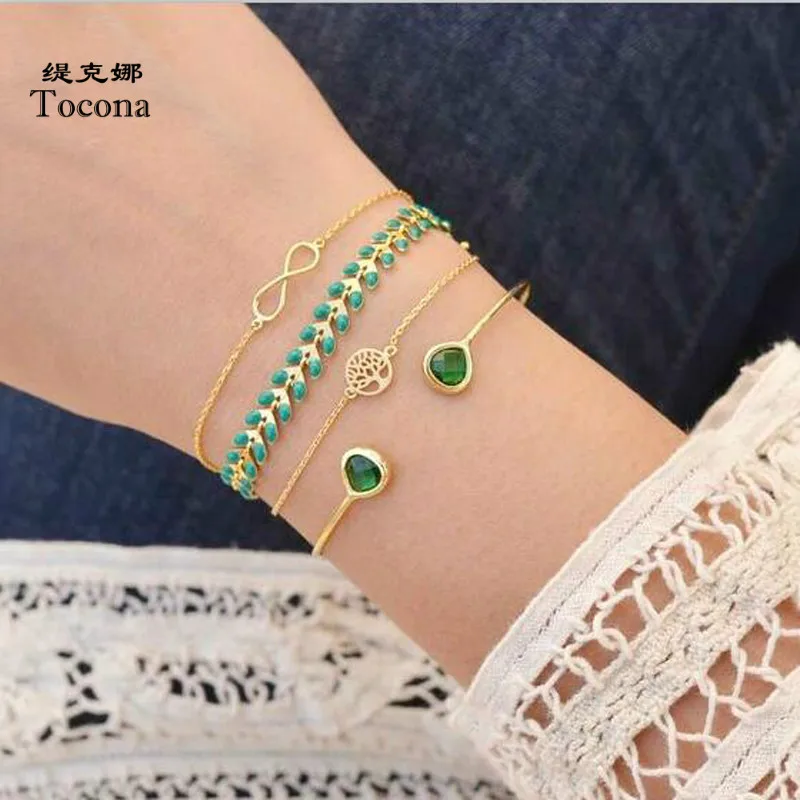 

Tocona New Arrival 4pcs/sets Braclets Round Tree Hollow Shape Design Green Crystal Stone Bangles For Women Ladies Jewelry 6985