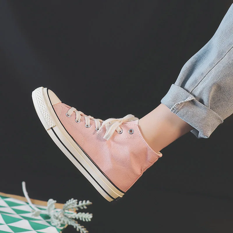 

Women's Pink High Top Canvas Sneakers Lace up Flats Casual Walking Shoes