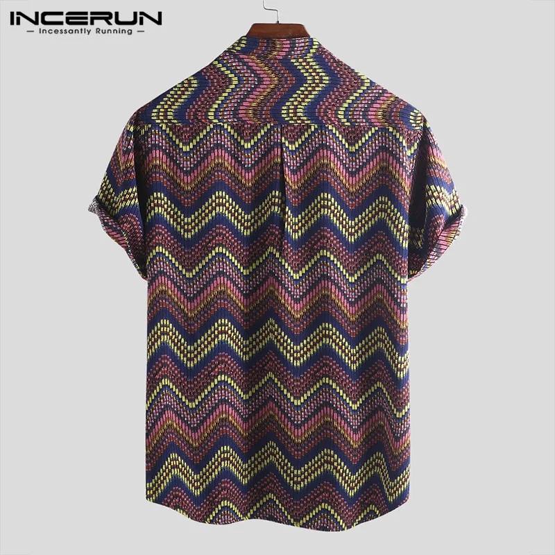 INCERUN Print Men Hawaiian Shirt Stand Collar Camisa Short Sleeve Button Up Tops Vintage Casual Shirts Men Streetwear S-5XL