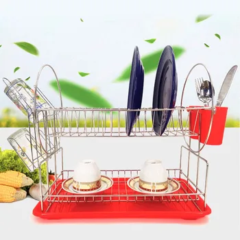 

Dish Rack Set 2-Tier Chrome Stainless Plate Dish Cutlery Cup Tableware Rack With Tray Drain Bowl Rack Kitchen Shelf