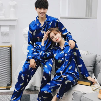

2019 Autumn Couples Silk Satin Pajama Sets for Women Long Sleeve Sleepwear Suit Pyjama Loungewear Homewear Pijama Mujer Clothing