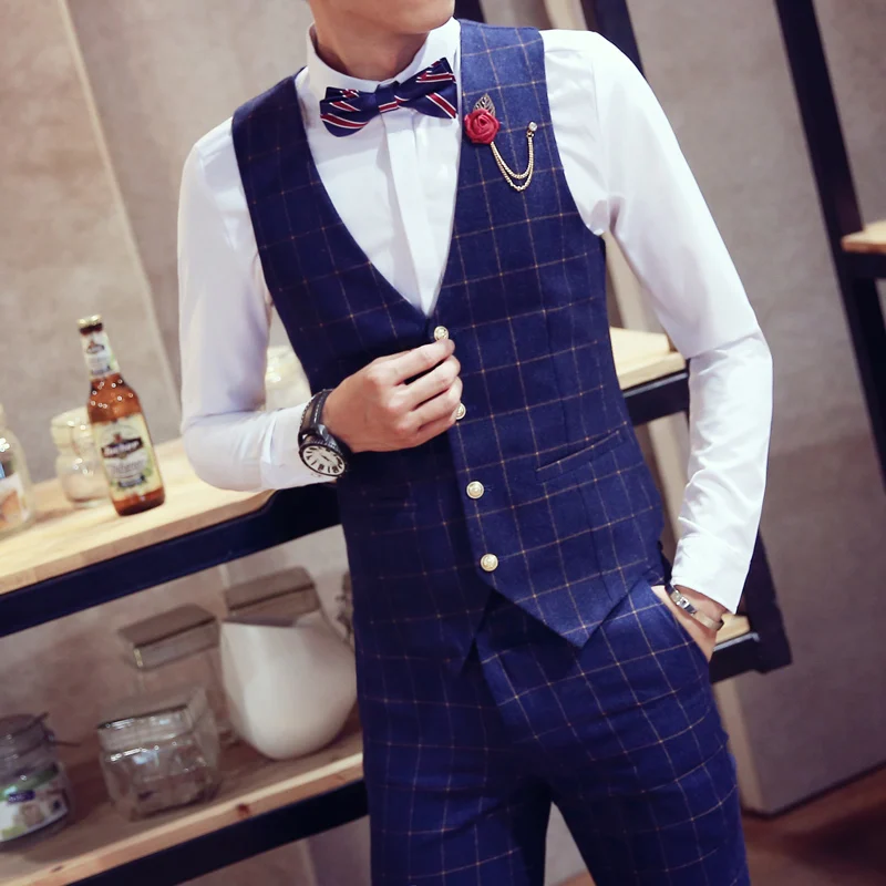 FOLOBE 2018 autumn men suit vests mens fit plaid woolen dress suit vest ...