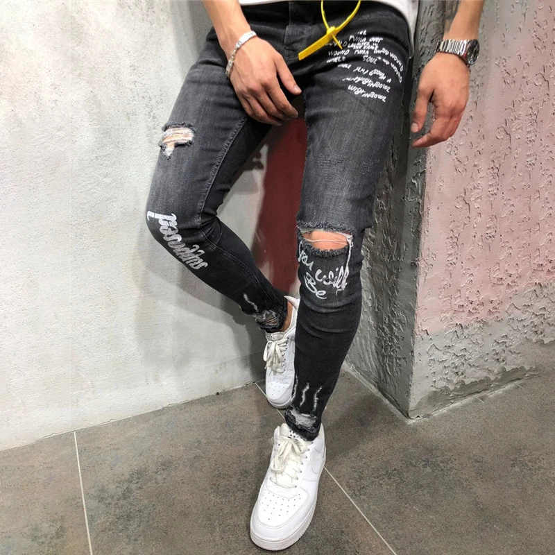 

Summer men's jeans New black stretch youth feet broken print letters jeans 2019 fashion slim motorcycle jeans