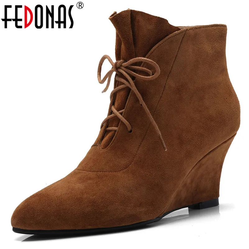 

FEDONAS Retro Elegant Women Ankle Boots Wedges High Heels Lace Up Autumn Winter Ladies Shoes Woman Suede Leather Party Pumps