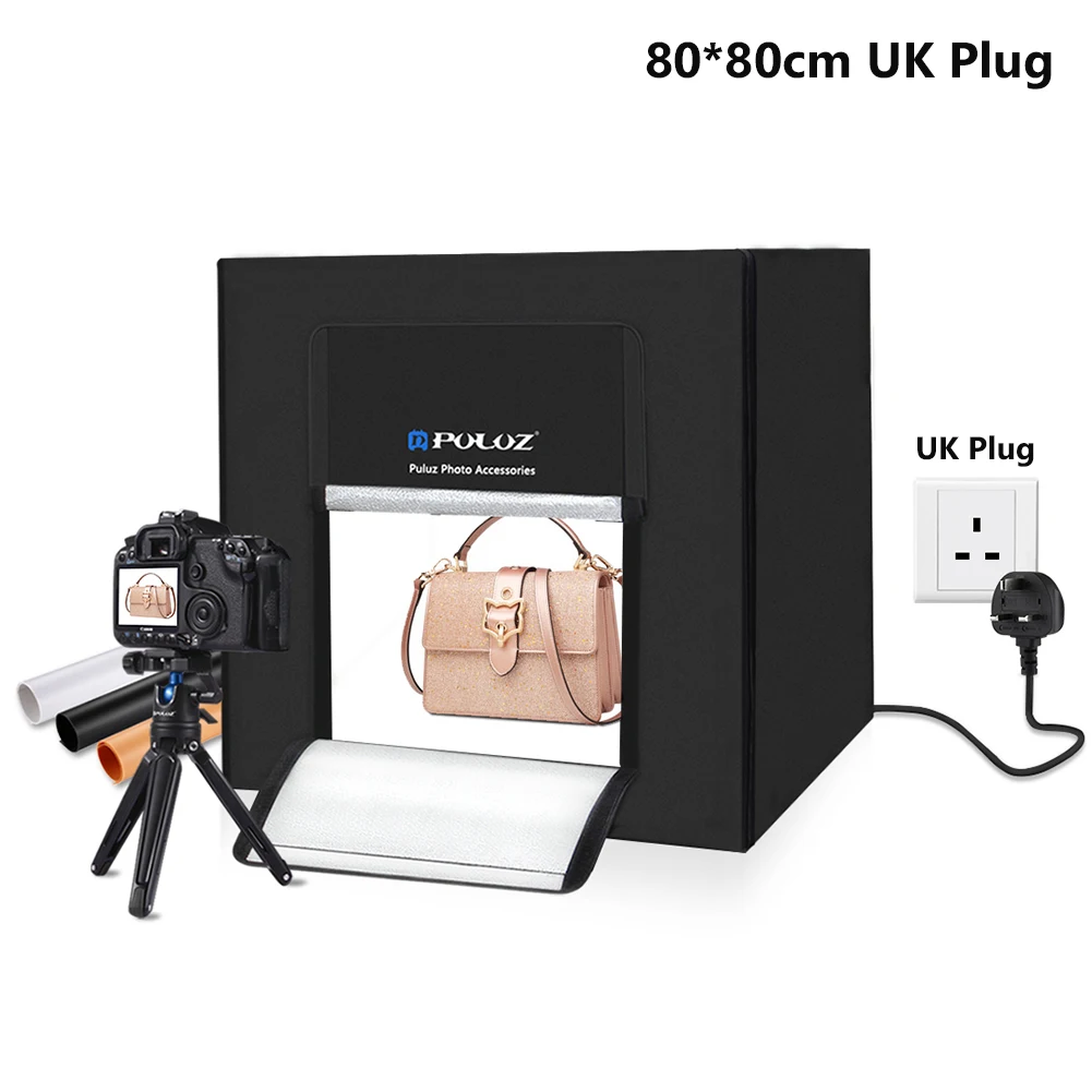 PULUZ Портативный Студийный светильник, складной софтбокс для съемки, палатка 80 Вт, светодиодный фотобокс 80 см, 5600 K, мини-Фотостудия+ фон, штепсельная вилка Великобритании