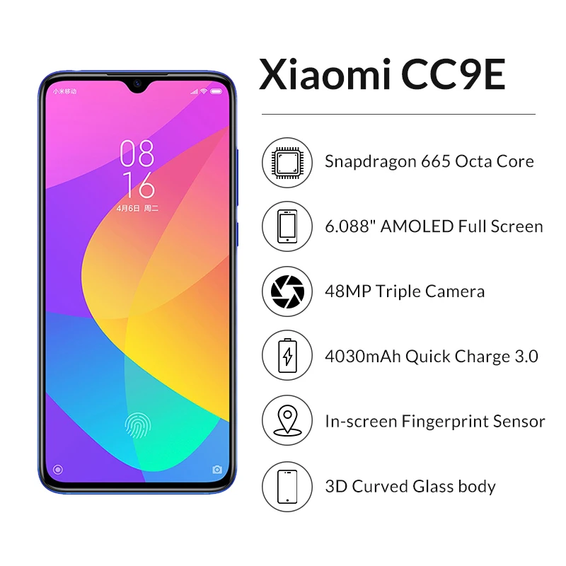 Оригинальный Xiaomi CC9E 6 088 &quotAMOLED 4 Гб 64 48MP мобильный телефон Snapdragon 665 Восьмиядерный