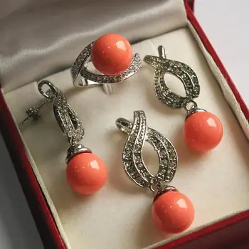 

Hot! noble new jewelry plated + 12mm salmon pink red pearl pendant, earring, , ring set AA1013