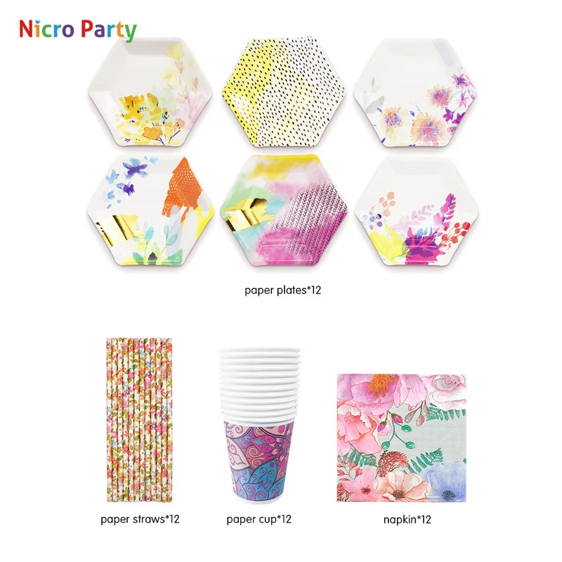 Nicro цветочные чайные вечерние принадлежности для украшения, набор одноразовых бумажных тарелок, чашка, столовая посуда из соломы, для пикника, свадьбы, дня рождения# Set71