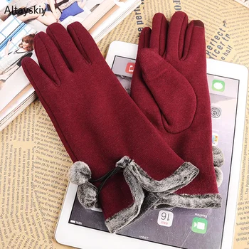 

Gloves Women Solid Bow Full Fingers Winter Warm Plus Velvet Womens Glove Elegant All-match Outdoor Trendy Ladies Leisure Simple