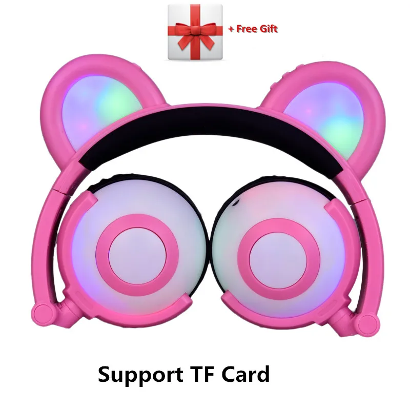 Новые Bluetooth наушники складной мигающий светящийся Медведь наушники светодиодный свет гарнитура Поддержка TF карта для ПК ноутбук мобильный - Цвет: Bluetooth pink