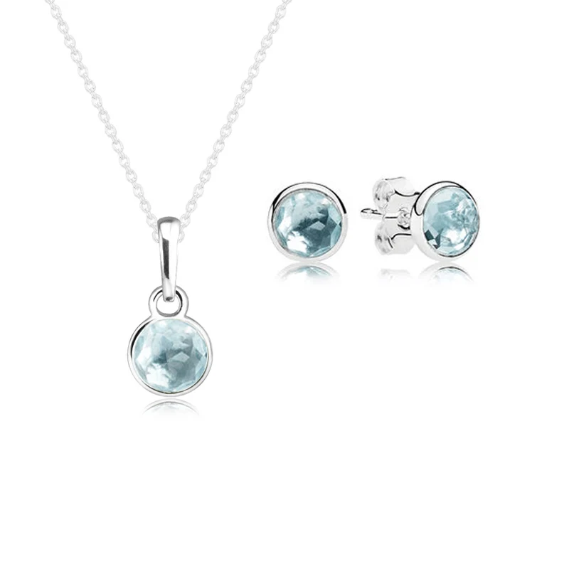 

Necklace Earrings Jewelry Set 100% 925 Sterling Silver Aqua Blue Crystal March Droplet for Women Gift DIY Fine Jewelry PFS5063