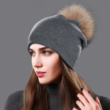 Меховый помпон для однотонные шляпы вязаные шапки Рождественский зимний двухслойный вязаный шерстяной настоящий Енот женская шапка-Кепка