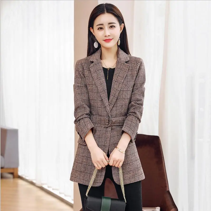 

Women's Spring Autumn Wool Blend Top Turn Down Collar Coat Check Plaid Knitted Button Trench