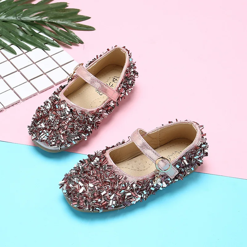 Black pink Silver Childrens leather shoes Girl Rhinestone Princess dancing shoes Kids Wedding Party Shoes For Girl 3-15T