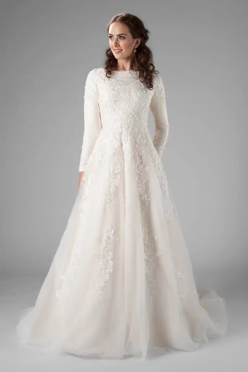 Champagne A Line Modest Wedding Dresses With Long Sleeves High