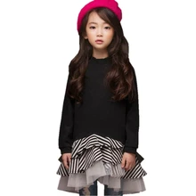 Платье принцессы с длинными рукавами для девочки осень в полоску Черный Лоскутная Детские платья для девочки детская рубашка для малышей подростковая одежда JW4163