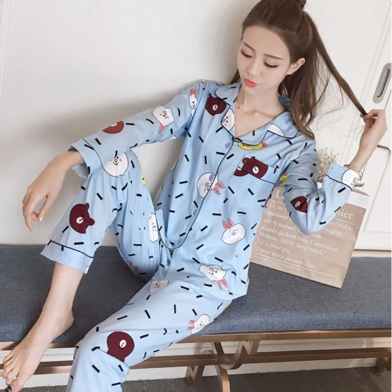 

2019 New Spring Autumn Women Pajamas Set Spring Cute Winter Polyester Sleepwear Cartoon Casual Homewear Nightwear Pajama Pyjamas