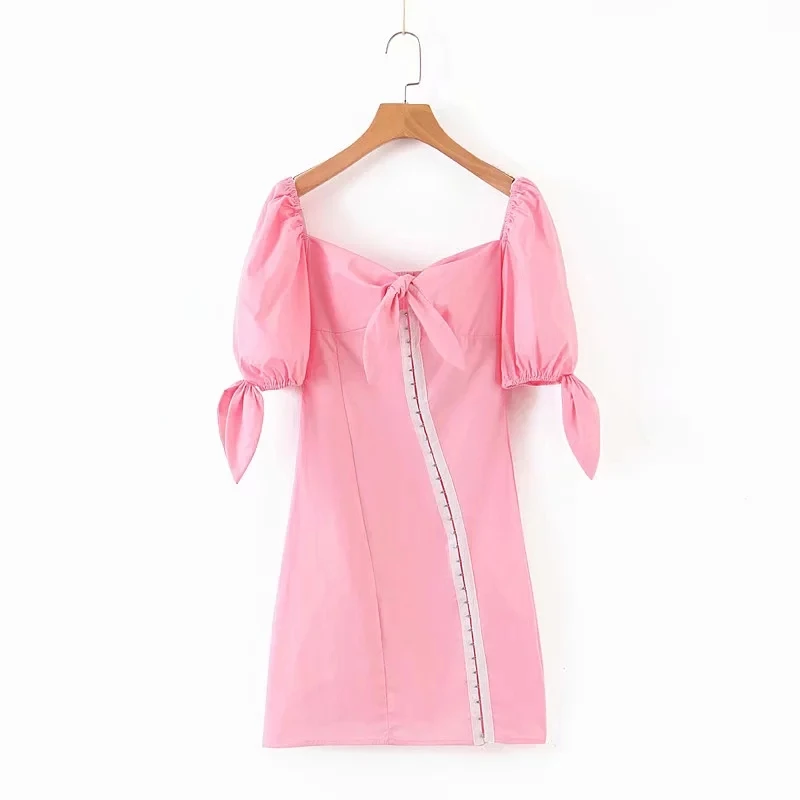 

korean vintage cute Asymmetry button pink white dress women Sexy vestidos elegant mini short sleeve party dress