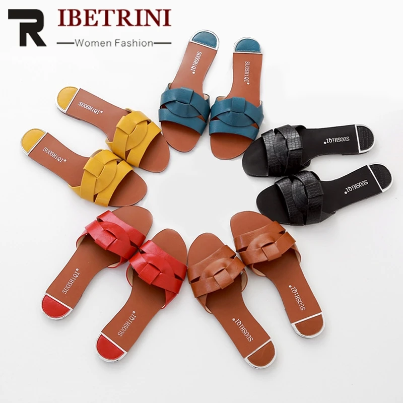 

RIBETRINI New Hot Sale Dropship Brand Flat Slippers Women 2019 Summer Large Size 34-43 Casual Slides Women Beach Shoes Woman