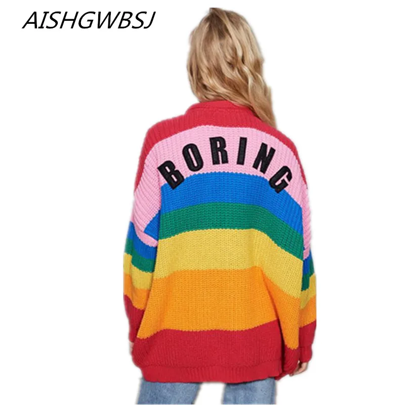 

2019 Spring and Autumn New Women's Rainbow Stripes V-neck Stretch Loose Jacket Short Single-breasted Fashion Sweater Coat TQ569