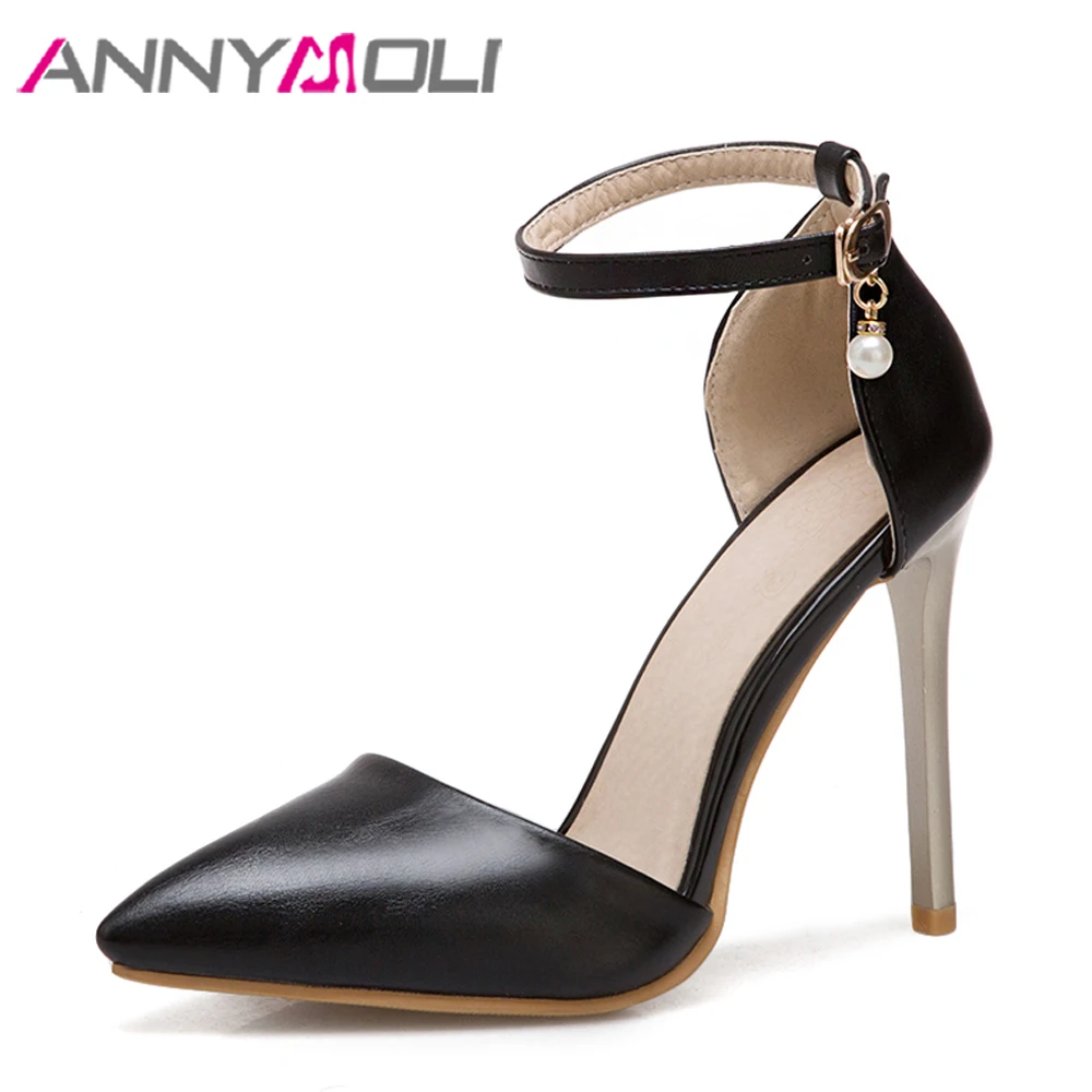 

ANNYMOLI Women Pumps High Heels Ankle Strap Party Shoes Pearl Thin Heels Pointed Toe Stiletto 2018 Spring Shoes Big Size 33-46