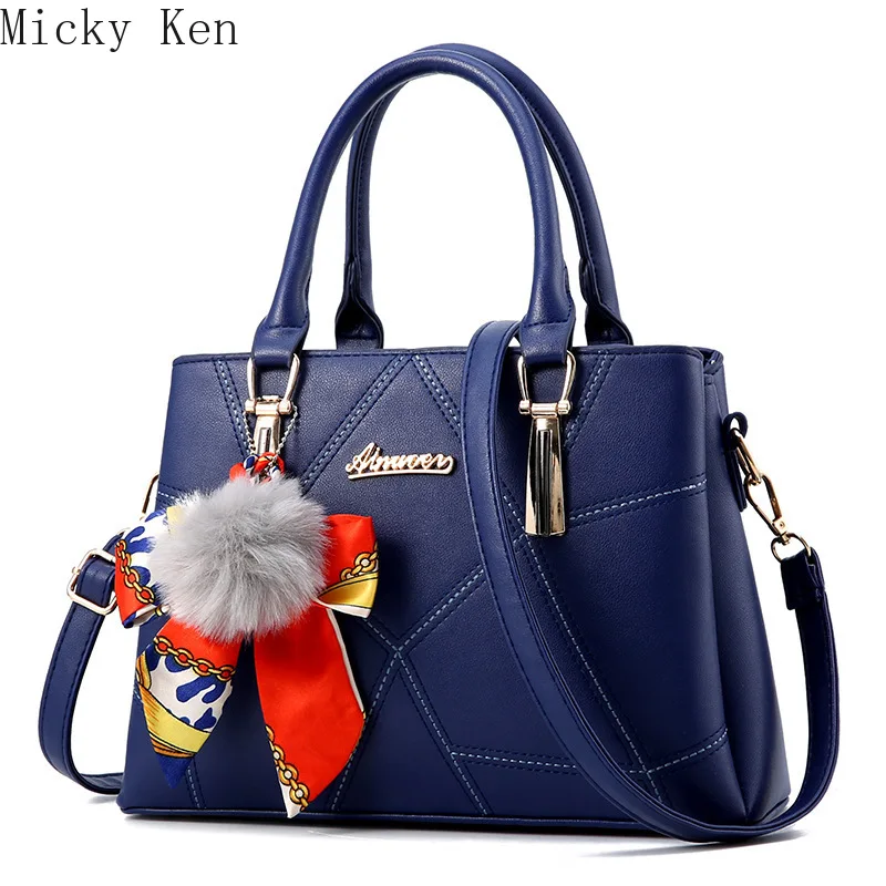 

New Tide Women Messenger Bag Female Top-handle Handbag Patchwork Shoulder Bag Hair Ball Crossbody bags Ladies Ribbon Party Pack