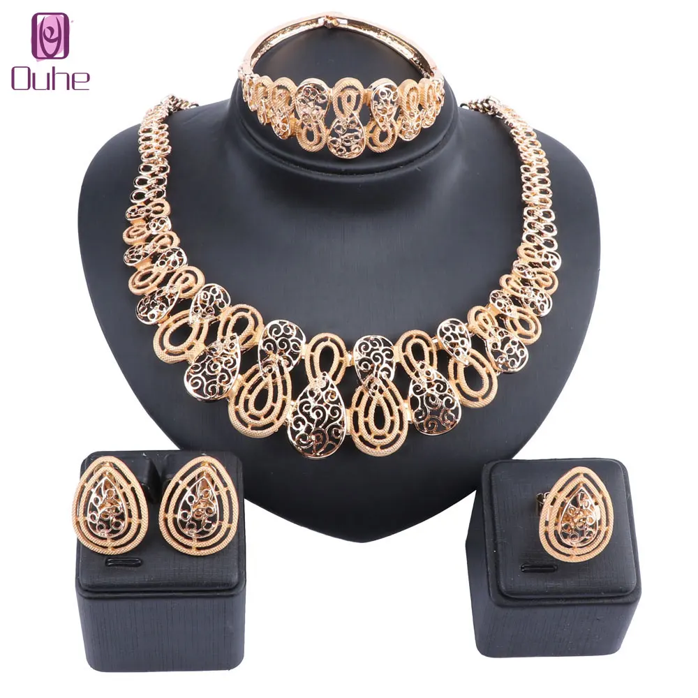 

Bridal Dubai Gold Color Jewelry Sets For Women Fashion Pendant Necklace Earrings Ring Bangle African Wedding Jewelry Set