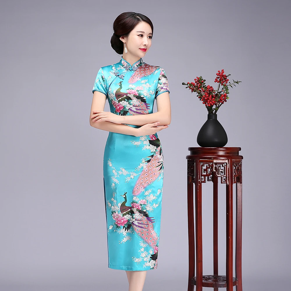 Винтаж для женщин печати Cheongsam классический цветок атласное платье китайский стиль шоу на сцене платья для платья большого размера Qipao Vestido 5XL 6XL