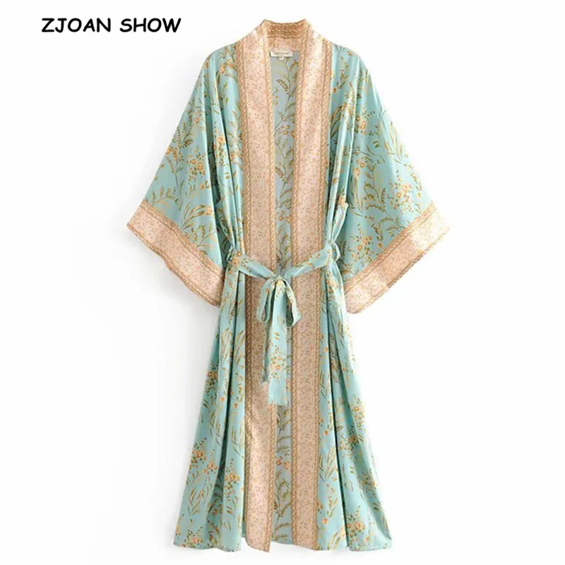  2019 Bohemian Turquoise Floral Print Long Kimono Shirt Ethnic New Women Lacing up Bow Sashes Long C