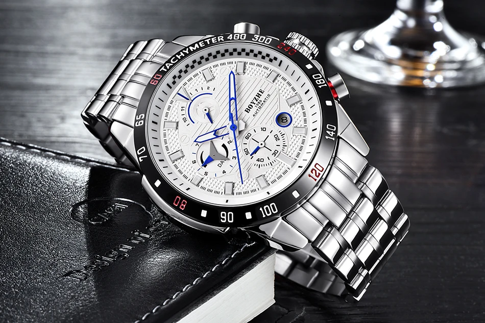 Мужские спортивные автоматические часы BOYZHE из нержавеющей стали с хронографом, мужские механические часы с автоматической датой, роскошный бренд, montre homme