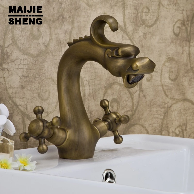 Antique Brass Dragon faucet water mixer bathroom Faucet.Dual clawfoot handle Wash basin faucet