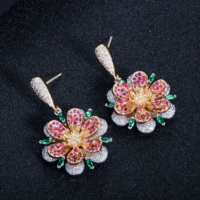 Ceny Pera geometryczne duże wiszące kwiaty biżuteria srebro 925 Rose Red i Emerald Green Crystal długi spadek kolczyk dla kobiet E099