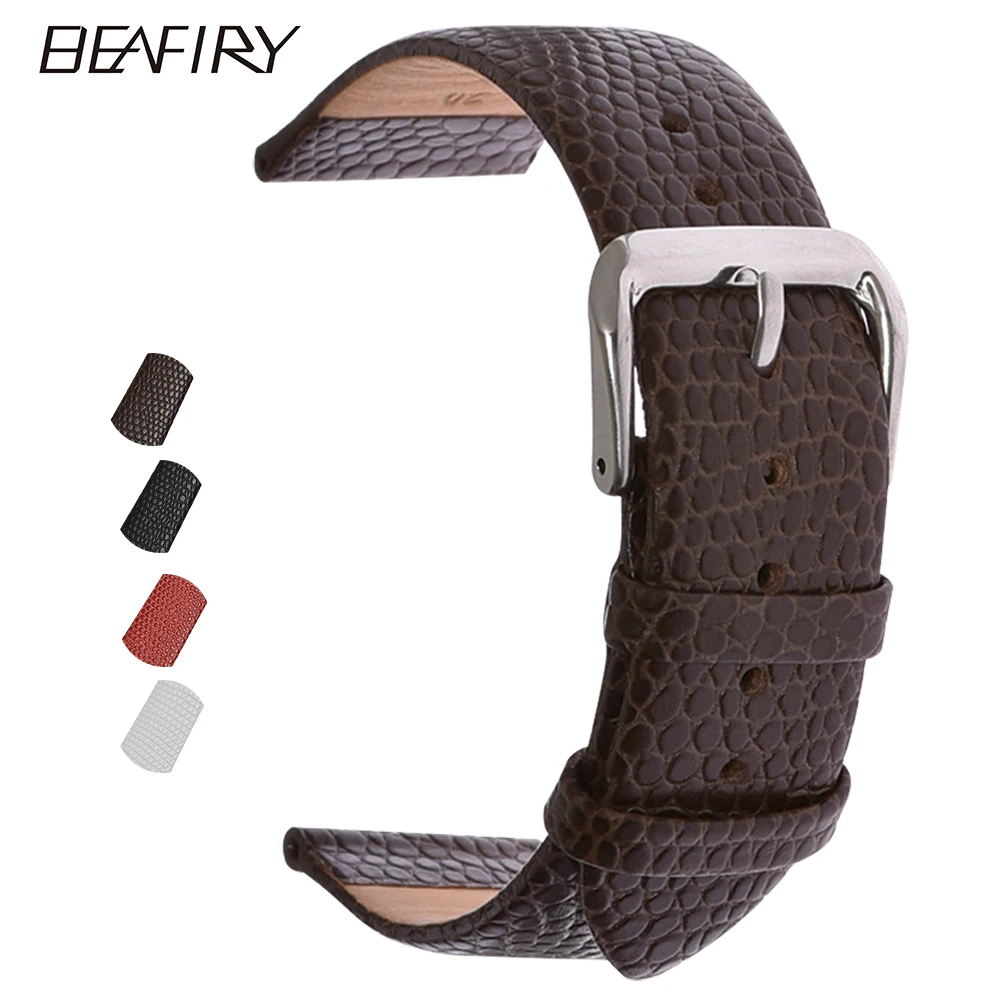 

BEAFIRY 12 14 16 18 20 22mm Smooth Soft Thin Lizard Grain Watch Strap for Men Women Calf Leather Watchbands Red White Black Brow