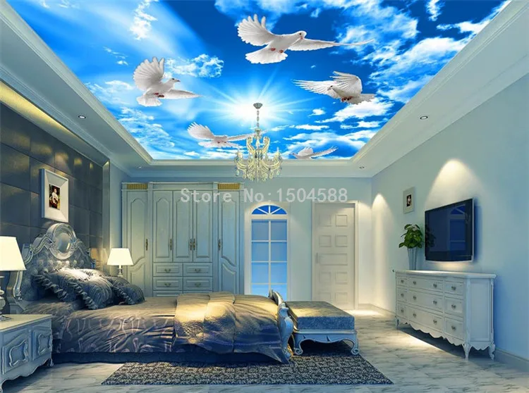 Голубое небо белые облака солнце потолок Настенные обои 3D белый голубь Зенит фрески гостиная спальня отель Papel де Parede