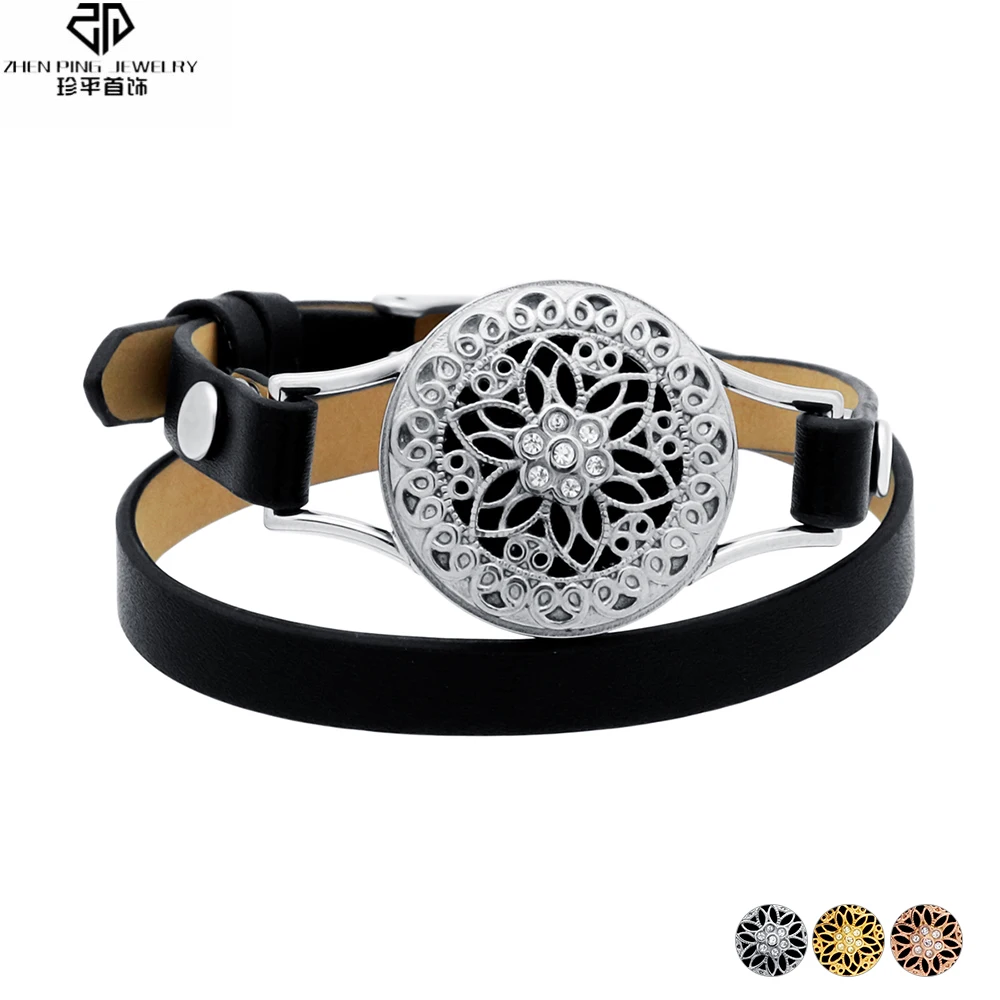 

Charm Stainless Steel Essential Oil Locket Bracelet Genuine Leather Bracelets Perfume Jewelry for Women